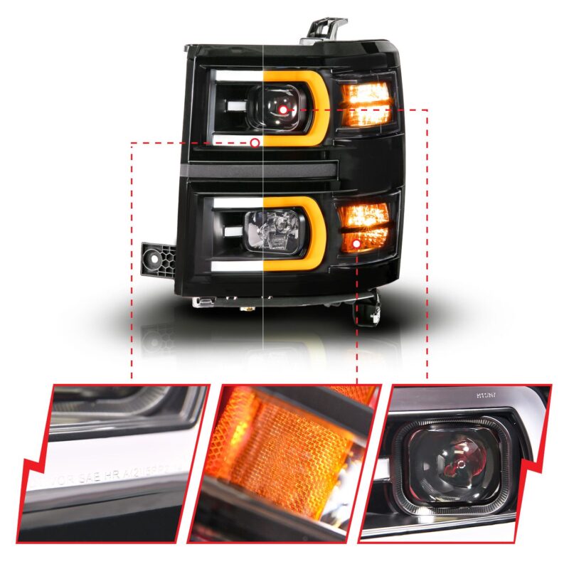 ANZO USA - Black Housing Dual Switchback+Sequential LED Tube Square Projector Headlights - 111617